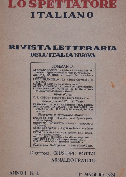 LO SPETTATORE ITALIANO - RIVISTA LETTERARIA DELL'ITALIA NUOVA. ANNO 1 N. 1. 1924.  - Asta Libri antichi, rarit bibliografiche e prime edizioni del '900 - Associazione Nazionale - Case d'Asta italiane