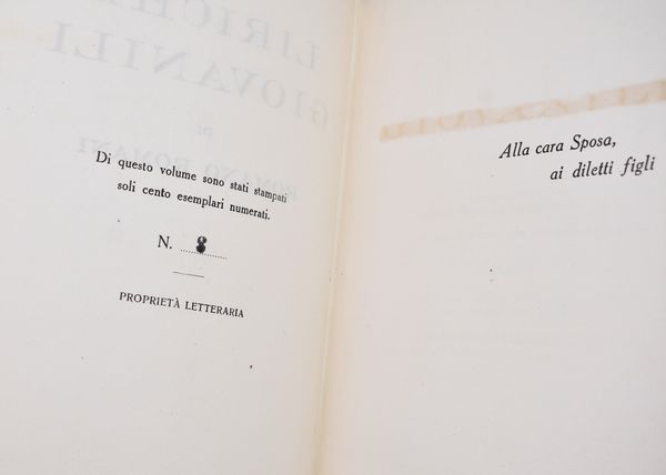 ROMANI, Romano. LIRICHE GIOVANILI. 1942.  - Asta Libri antichi, rarit bibliografiche e prime edizioni del '900 - Associazione Nazionale - Case d'Asta italiane