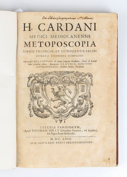 HIERONIMUS CARDANUS.  METOPOSCOPIA, LIBRIS TREDECIM, ET OCTINGENTIS FACIAEI HUMANAE EICONIBUS COMPLEXA. Paris 1658  - Asta Libri antichi, rarit bibliografiche e prime edizioni del '900 - Associazione Nazionale - Case d'Asta italiane