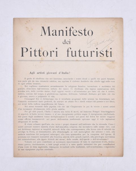 MANIFESTO DEI PITTORI FUTURISTI. 1910 (1911/1912).  - Asta Libri antichi, rarit bibliografiche e prime edizioni del '900 - Associazione Nazionale - Case d'Asta italiane