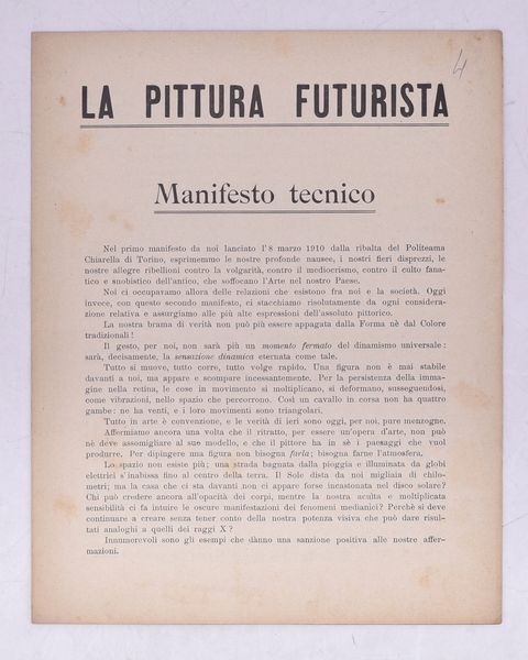 LA PITTURA FUTURISTA. MANIFESTO TECNICO. 1910 (MA 1911/1912).  - Asta Libri antichi, rarit bibliografiche e prime edizioni del '900 - Associazione Nazionale - Case d'Asta italiane