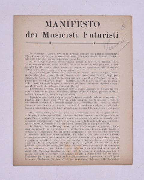 MANIFESTO DEI MUSICISTI FUTURISTI. 1910 (1913 CA).  - Asta Libri antichi, rarit bibliografiche e prime edizioni del '900 - Associazione Nazionale - Case d'Asta italiane