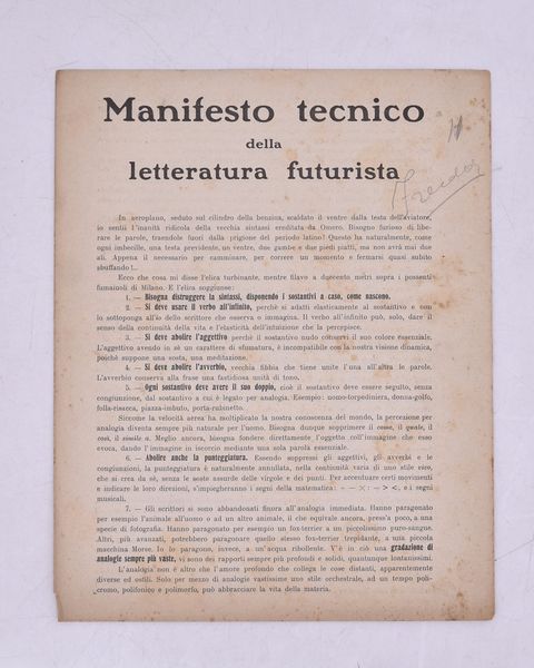 MANIFESTO TECNICO DELLA LETTERATURA FUTURISTA, 1912.  - Asta Libri antichi, rarit bibliografiche e prime edizioni del '900 - Associazione Nazionale - Case d'Asta italiane