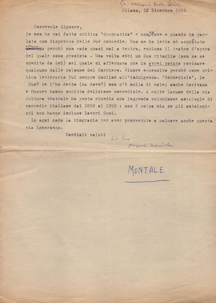 Montale, Eugenio (Genova 1896 - Milano 1981)       Guglielmo Giannini (Pozzuoli 1891 - Roma 1960) :   Lettera dattiloscritta  di Giannini indirizzata a Montale datata Roma 3 Dicembre 1956 e minuta dattiloscritta firmata da Montale in risposta datata Milano 12 Dicembre 1956  - Asta Libri antichi, rarit bibliografiche e prime edizioni del '900 - Associazione Nazionale - Case d'Asta italiane