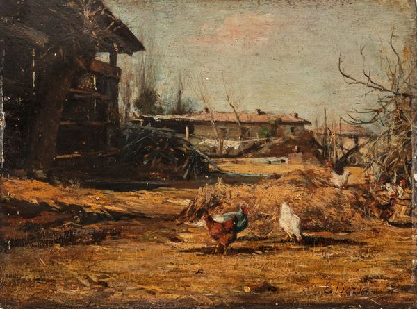 Emilio Borsa : Campagna lombarda (Cortile di cascina)  - Asta Petits-Matres / Arte Figurativa tra XIX e XX Secolo - Parte 1 - Associazione Nazionale - Case d'Asta italiane