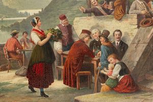 Scuola europea, fine del secolo XIX - inizi del secolo XX : Giorno di festa in Ticino  - Asta Petits-Matres / Arte Figurativa tra XIX e XX Secolo - Parte 1 - Associazione Nazionale - Case d'Asta italiane