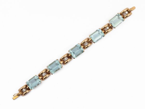 Bracciale in oro giallo con diamanti e acquamarine  - Asta Gioielli e Orologi - Associazione Nazionale - Case d'Asta italiane