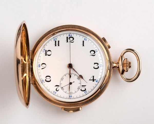 Orologio tasca cronografo in oro 18k con ripetizione ore e quarti al passaggio - Svizzera, 1910 circa  - Asta Gioielli e Argenti Moderni e Contemporanei - Associazione Nazionale - Case d'Asta italiane