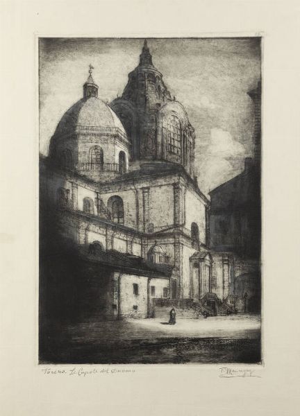 FRANCESCO MENNYEY Torino 1889 - 1950 : Torino-Le Cupole del Duomo  - Asta Grafica - Associazione Nazionale - Case d'Asta italiane