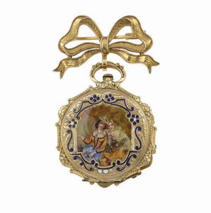 Spilla con orologio pendente con miniatura e smalti  - Asta Gioielli - Associazione Nazionale - Case d'Asta italiane