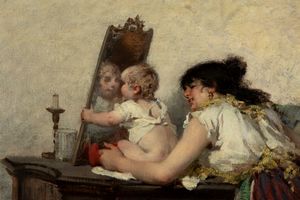 Egisto Lancerotto : Mammina felice  - Asta Importanti Dipinti e Sculture / Arte Figurativa tra XIX e XX Secolo - Parte 2 - Associazione Nazionale - Case d'Asta italiane