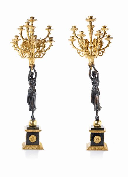 Coppia di grandi candelabri in bronzo dorato e brunito a dieci luci, Francia, seconda met del XIX secolo  - Asta Antiquariato - Icone, Arredi, Sculture, Oggetti d'Arte - Associazione Nazionale - Case d'Asta italiane