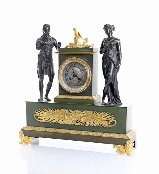 Orologio da camino in bronzo brunito e dorato, Francia, Carlo X  - Asta Antiquariato - Icone, Arredi, Sculture, Oggetti d'Arte - Associazione Nazionale - Case d'Asta italiane