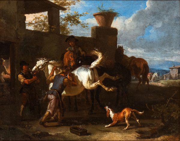 Pieter van Bloemen Lo Stendardo, Attribuito a : a) Paesaggio con pastorella, cavalli e armenti; b) La bottega del maniscalco. Coppia di dipinti  - Asta Dipinti antichi dal XIV al XIX secolo. Con una selezione di sculture - Associazione Nazionale - Case d'Asta italiane