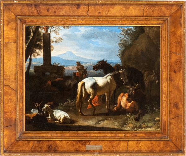 Pieter van Bloemen Lo Stendardo, Attribuito a : a) Paesaggio con pastorella, cavalli e armenti; b) La bottega del maniscalco. Coppia di dipinti  - Asta Dipinti antichi dal XIV al XIX secolo. Con una selezione di sculture - Associazione Nazionale - Case d'Asta italiane