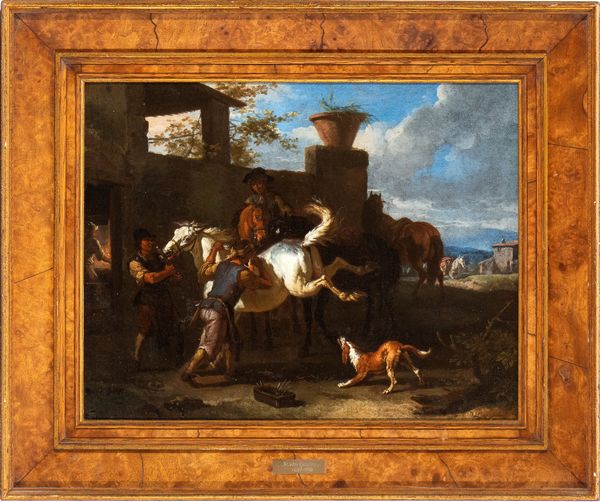 Pieter van Bloemen Lo Stendardo, Attribuito a : a) Paesaggio con pastorella, cavalli e armenti; b) La bottega del maniscalco. Coppia di dipinti  - Asta Dipinti antichi dal XIV al XIX secolo. Con una selezione di sculture - Associazione Nazionale - Case d'Asta italiane