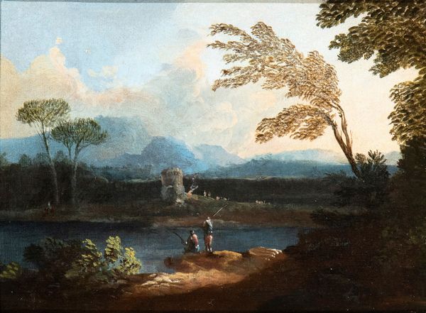 Paolo Anesi : a) Paesaggio con fiume, ponte e due pescatori; b) Paesaggio con fiume, torrione e due pescatori. Coppia di dipinti  - Asta Dipinti antichi dal XIV al XIX secolo. Con una selezione di sculture - Associazione Nazionale - Case d'Asta italiane