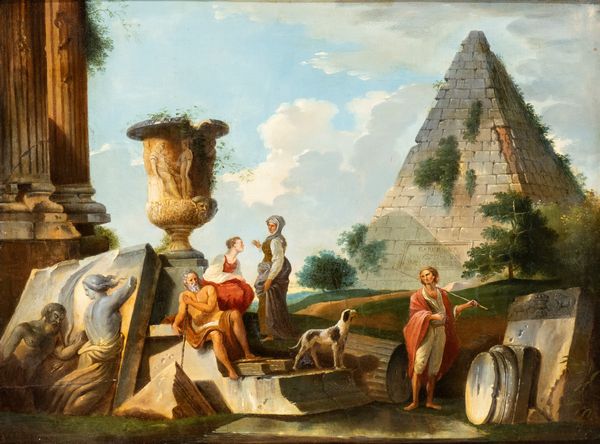 Giovanni Paolo Panini, Seguace di : Capriccio architettonico con figure e piramide Cestia  - Asta Dipinti antichi dal XIV al XIX secolo. Con una selezione di sculture - Associazione Nazionale - Case d'Asta italiane