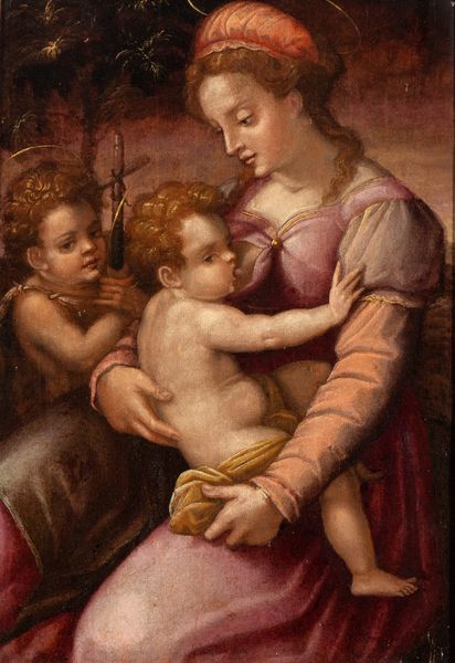 Artista fiorentino, seconda metà XVI secolo : Madonna con Bambino e San Giovannino  - Asta Dipinti antichi dal XIV al XIX secolo. Con una selezione di sculture - Associazione Nazionale - Case d'Asta italiane