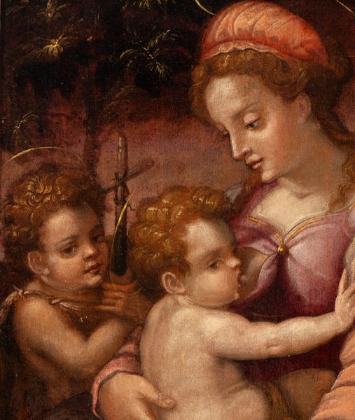 Artista fiorentino, seconda metà XVI secolo : Madonna con Bambino e San Giovannino  - Asta Dipinti antichi dal XIV al XIX secolo. Con una selezione di sculture - Associazione Nazionale - Case d'Asta italiane