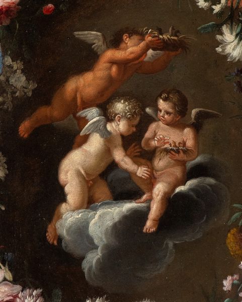 Mario Nuzzi Mario de' Fiori, Attribuito a, : Ghirlanda di fiori con putti  - Asta Dipinti antichi dal XIV al XIX secolo. Con una selezione di sculture - Associazione Nazionale - Case d'Asta italiane