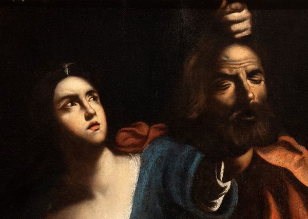 Artista caravaggesco attivo a Napoli, prima metà XVII secolo : Giuditta con la testa di Oloferne  - Asta Dipinti antichi dal XIV al XIX secolo. Con una selezione di sculture - Associazione Nazionale - Case d'Asta italiane