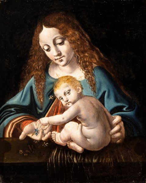 Cerchia di Leonardo da Vinci (Ambrogio de' Predis?) : Madonna con il Bambino (Madonna dei Fiori)  - Asta Dipinti antichi dal XIV al XIX secolo. Con una selezione di sculture - Associazione Nazionale - Case d'Asta italiane