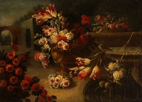 Artista napoletano, prima metà XVIII secolo : Natura morta di rose, tulipani e crisantemi  - Asta Dipinti antichi dal XIV al XIX secolo. Con una selezione di sculture - Associazione Nazionale - Case d'Asta italiane