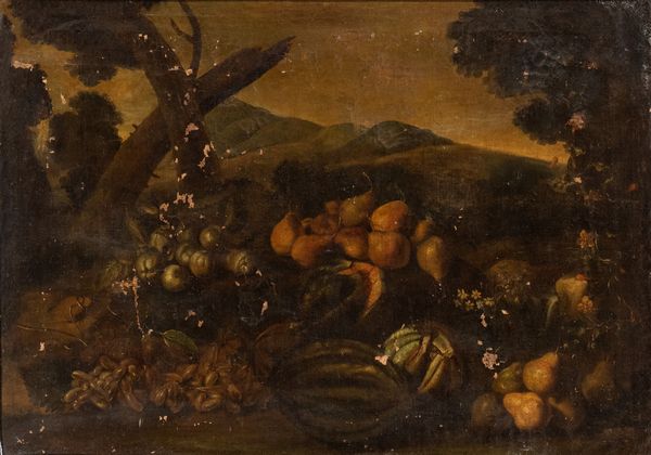 Scuola romana, XVII secolo : Natura morta di frutta in un paesaggio  - Asta Dipinti antichi dal XIV al XIX secolo. Con una selezione di sculture - Associazione Nazionale - Case d'Asta italiane