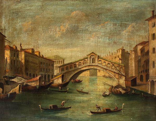 Scuola veneta, XIX-XX secolo : Veduta del Canal Grande con il Ponte di Rialto  - Asta Dipinti antichi dal XIV al XIX secolo. Con una selezione di sculture - Associazione Nazionale - Case d'Asta italiane