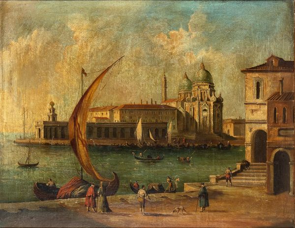 Scuola veneta, XIX-XX secolo : Veduta del Bacino di San Marco con Punta della Dogana e Santa Maria della Salute  - Asta Dipinti antichi dal XIV al XIX secolo. Con una selezione di sculture - Associazione Nazionale - Case d'Asta italiane