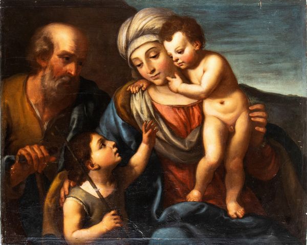 Artista emiliano, prima metà XVII secolo : Sacra Famiglia con San Giovannino  - Asta Dipinti antichi dal XIV al XIX secolo. Con una selezione di sculture - Associazione Nazionale - Case d'Asta italiane