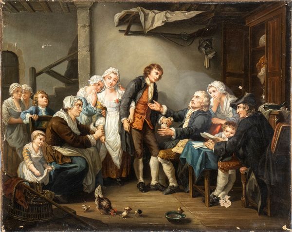 Jean Baptiste Greuze, Seguace di : Le nozze del villaggio  - Asta Dipinti antichi dal XIV al XIX secolo. Con una selezione di sculture - Associazione Nazionale - Case d'Asta italiane