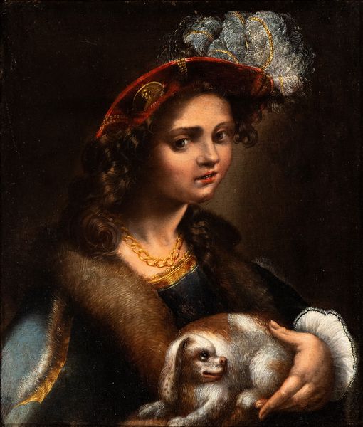 Pseudo Caroselli, Attribuito a : Ritratto di gentildonna con cappello, pelliccia e cagnolino  - Asta Dipinti antichi dal XIV al XIX secolo. Con una selezione di sculture - Associazione Nazionale - Case d'Asta italiane