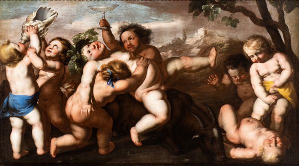 Artista napoletano, XVII secolo : Baccanale di putti in un paesaggio  - Asta Dipinti antichi dal XIV al XIX secolo. Con una selezione di sculture - Associazione Nazionale - Case d'Asta italiane