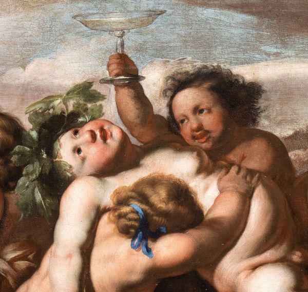 Artista napoletano, XVII secolo : Baccanale di putti in un paesaggio  - Asta Dipinti antichi dal XIV al XIX secolo. Con una selezione di sculture - Associazione Nazionale - Case d'Asta italiane