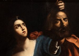 Artista caravaggesco attivo a Napoli, prima metà XVII secolo : Giuditta con la testa di Oloferne  - Asta Dipinti antichi dal XIV al XIX secolo. Con una selezione di sculture - Associazione Nazionale - Case d'Asta italiane