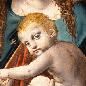 Cerchia di Leonardo da Vinci (Ambrogio de' Predis?) : Madonna con il Bambino (Madonna dei Fiori)  - Asta Dipinti antichi dal XIV al XIX secolo. Con una selezione di sculture - Associazione Nazionale - Case d'Asta italiane