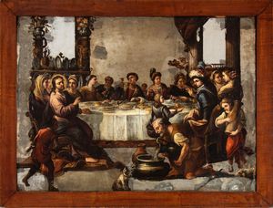 Luca Giordano, Attribuito a : a) Cena in casa del Fariseo; b) le nozze di Canaan. Coppia di dipinti  - Asta Dipinti antichi dal XIV al XIX secolo. Con una selezione di sculture - Associazione Nazionale - Case d'Asta italiane