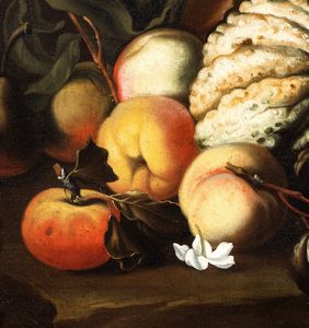 Abraham  Brueghel : Natura morta con zucca, pesche e garofani, giacinti e gigli in una caraffa  - Asta Dipinti antichi dal XIV al XIX secolo. Con una selezione di sculture - Associazione Nazionale - Case d'Asta italiane