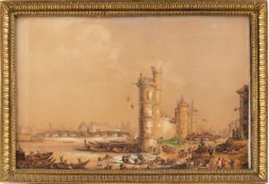 Artista olandese, XVIII secolo : Veduta di Parigi con il Pont Neuf e Notre Dame sullo sfondo  - Asta Dipinti antichi dal XIV al XIX secolo. Con una selezione di sculture - Associazione Nazionale - Case d'Asta italiane