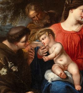 Artista veneto, XVII secolo : Sacra Famiglia con Sant'Antonio abate e San Domenico  - Asta Dipinti antichi dal XIV al XIX secolo. Con una selezione di sculture - Associazione Nazionale - Case d'Asta italiane