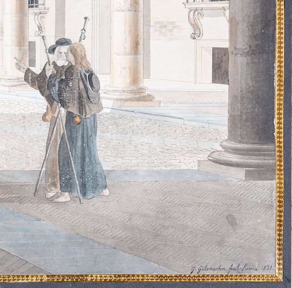 Johann Gottfried Gutensohn : Veduta del cortile di Santo Spirito a Roma  - Asta Disegni Antichi - Associazione Nazionale - Case d'Asta italiane