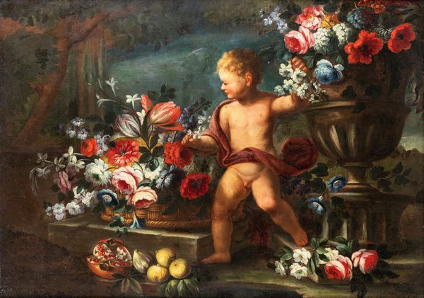 Scuola napoletana. XVII secolo : Natura morta di fiori con putto  - Asta Dipinti antichi  - Associazione Nazionale - Case d'Asta italiane