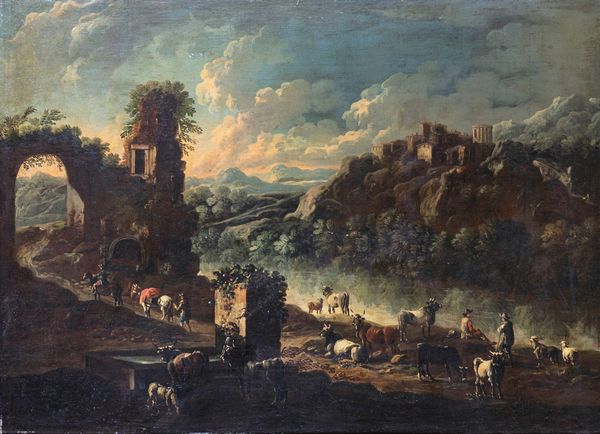 Cajetan  Roos : Veduta di Tivoli dall'Aniene con le rovine dell'acquedotto dell'Acqua Marcia  - Asta Dipinti antichi  - Associazione Nazionale - Case d'Asta italiane