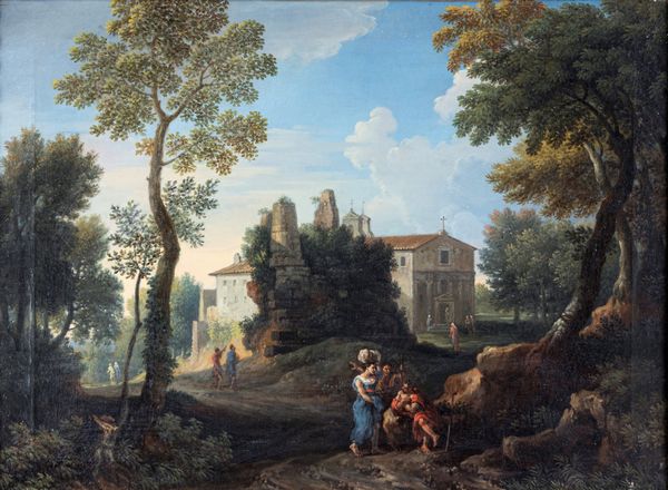 Jan Frans van Bloemen detto l'Orizzonte : Paesaggio con Chiesa  - Asta Dipinti antichi  - Associazione Nazionale - Case d'Asta italiane