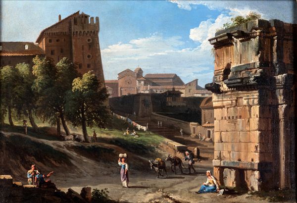 Jan Frans van Bloemen detto l'Orizzonte , Attribuito a : Veduta della scala laterale del Campidoglio con l'arco di Settimio Severo  - Asta Dipinti antichi  - Associazione Nazionale - Case d'Asta italiane