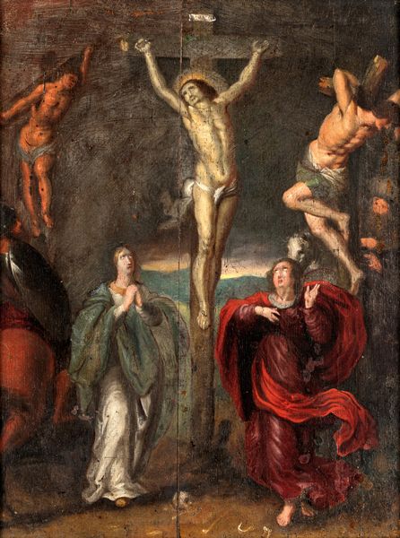 Scuola fiamminga del XVIII secolo : Cristo in croce con i ladroni  - Asta Dipinti antichi  - Associazione Nazionale - Case d'Asta italiane