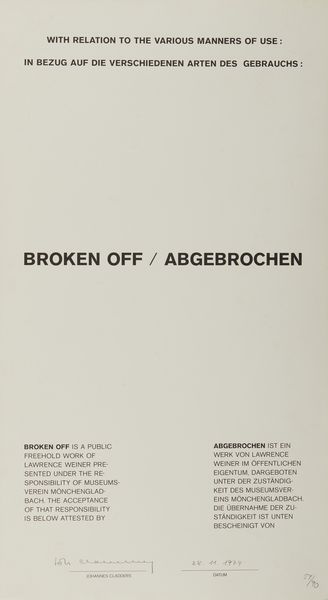 WEINER LAWRENCE (1942 - 2021) : BROKEN OFF // ABGEBROCHEN, 1974  - Asta Asta 448 | GRAFICA MODERNA, FOTOGRAFIA E MULTIPLI D'AUTORE Virtuale - Associazione Nazionale - Case d'Asta italiane