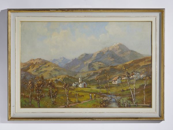 GIGNOUS LORENZO (1862 - 1958) : Paesaggio montano con case e personaggi  - Asta Asta 449 | ARTE ANTICA E DEL XIX SECOLO Virtuale - Associazione Nazionale - Case d'Asta italiane